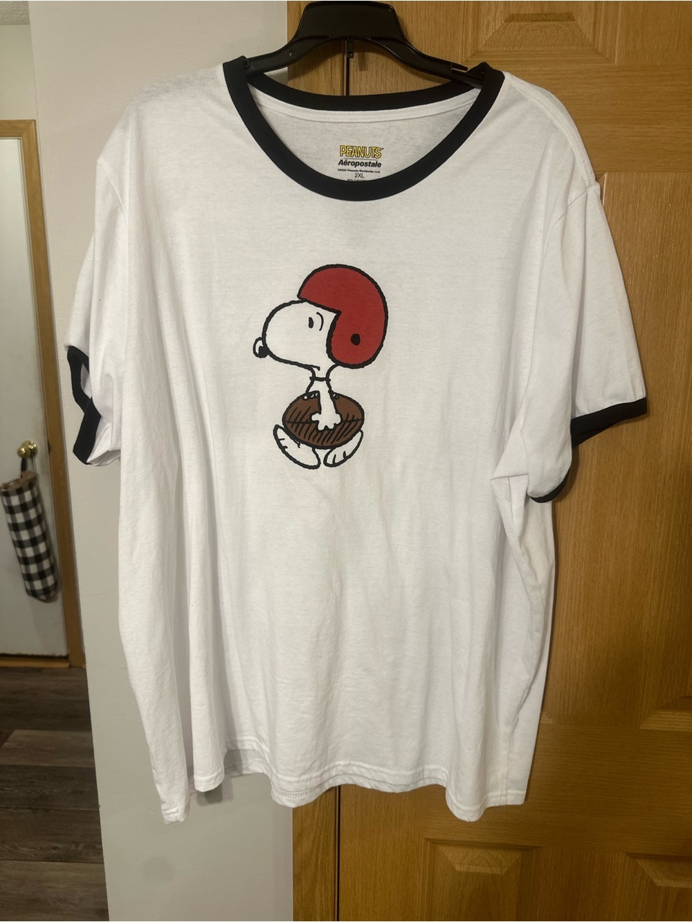 Aeropostale White Ringer Tee with Snoopy Football Graphic